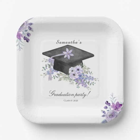 Watercolor  Lavander Purple Floral Graduation  ペーパープレート (正面)