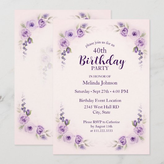 Watercolor Lavender Blush Rose 40th Birthday 招待状 (正面/裏面)