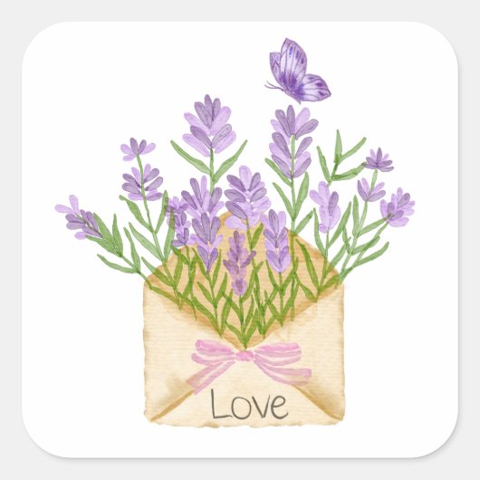 Watercolor Lavender Bouquet in Envelope スクエアシール (正面)