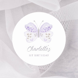Watercolor Lavender Butterfly 1st Birthday Party ラウンドシール