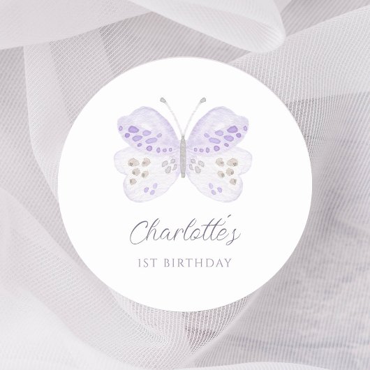 Watercolor Lavender Butterfly 1st Birthday Party ラウンドシール