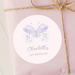 Watercolor Lavender Butterfly 1st Birthday Party ラウンドシール
