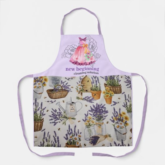 Watercolor Lavender Cleaning Service Apron Design エプロン (正面)