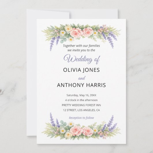 Watercolor Lavender Eucalyptus Rose Wedding 招待状 (正面)