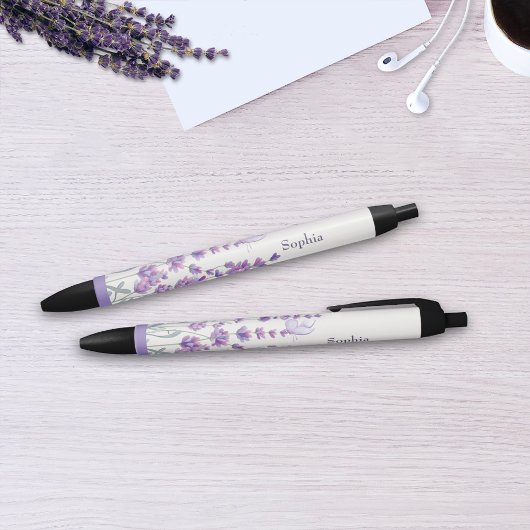 Watercolor Lavender Floral Monogram Name Pen 黒ボールペン
