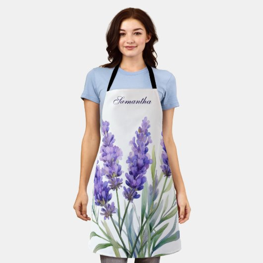 Watercolor Lavender Flowers エプロン (着用した状態)