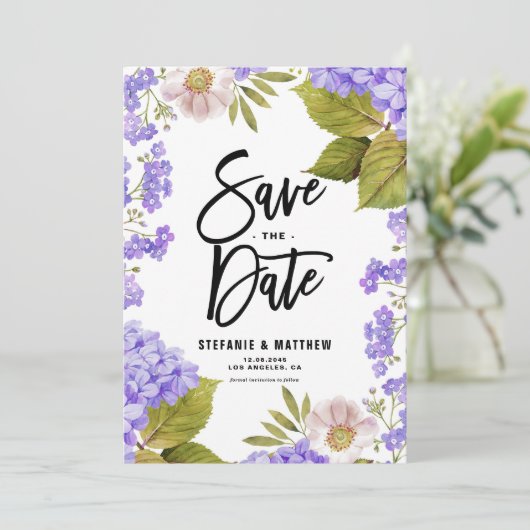 Watercolor Lavender Hydrangea Floral セーブザデート (スタンド正面)