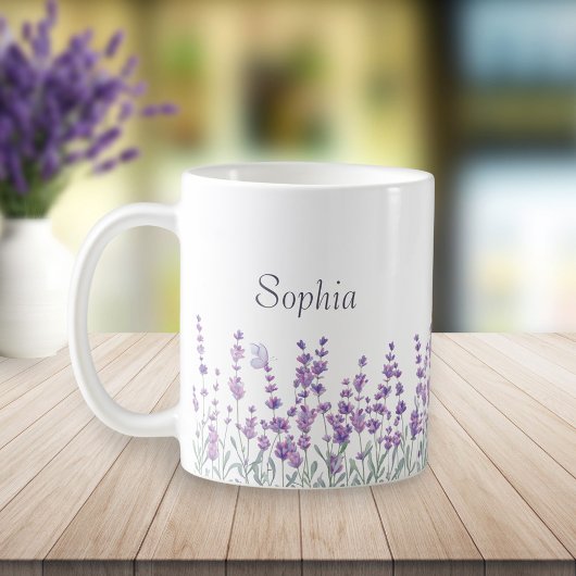 Watercolor Lavender Purple Floral Butterfly Mug コーヒーマグカップ