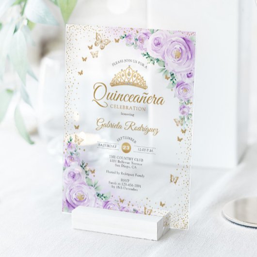 Watercolor Lavender Purple Floral Quinceanera アクリル招待状