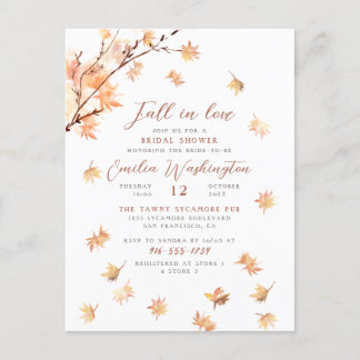 Watercolor Leaves "Fall In Love" Bridal Shower インビテーションポストカード