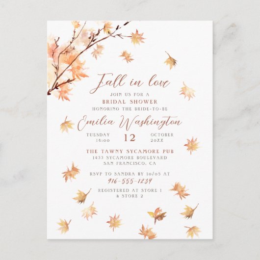 Watercolor Leaves "Fall In Love" Bridal Shower インビテーションポストカード (正面)