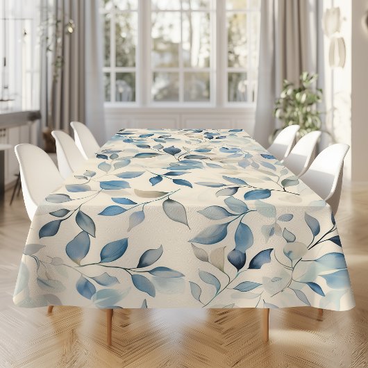 Watercolor Leaves Pattern Blue Beige Cream テーブルクロス