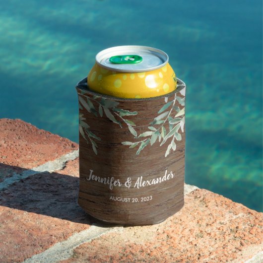 Watercolor leaves rustic wood Bride Groom Wedding 缶クーラー (インサイチュ プール)