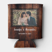 Watercolor leaves rustic wood photo wedding 缶クーラー (正面)