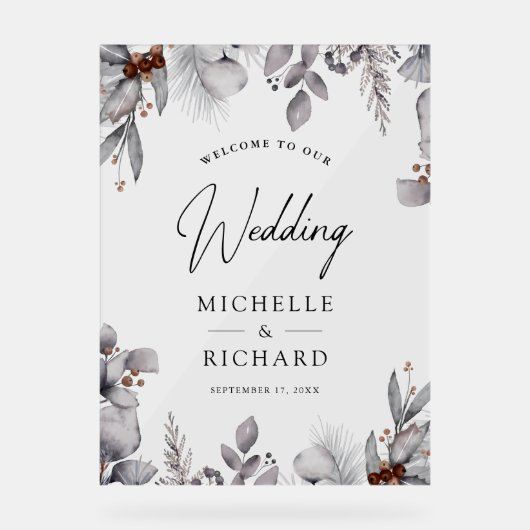 Watercolor Leaves Winter Wedding Welcome アクリルサイン (正面)