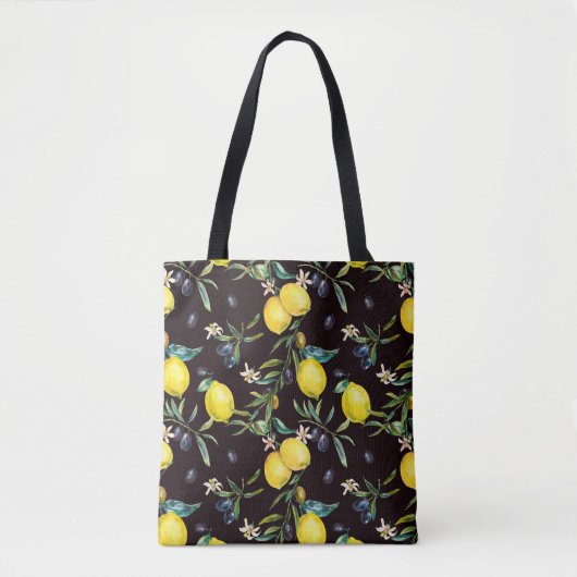 Watercolor lemon and olive branches seamless patte トートバッグ (正面)