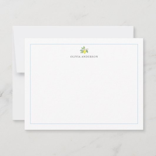 Watercolor Lemon Branch Blue Border Personalized ノートカード (正面)