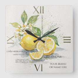 Watercolor Lemon Citrus Fruit With Blossoms スクエア壁時計