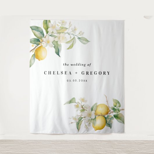 Watercolor Lemon Floral Wedding Backdrop タペストリー (正面)