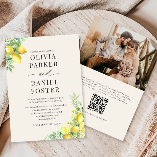 Watercolor Lemon QR Code Photo Wedding 招待状