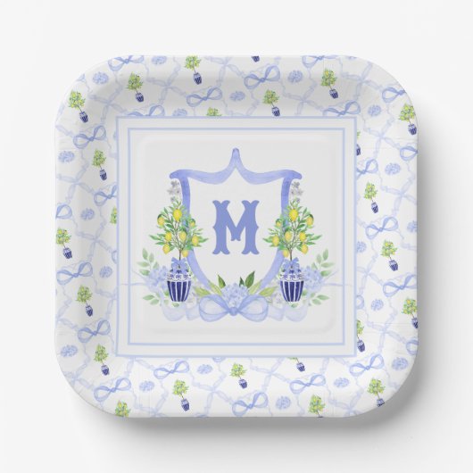 Watercolor Lemon Tree Monogram Crest ペーパープレート (正面)