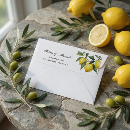 Watercolor Lemon Wedding Mediterranean ラベル