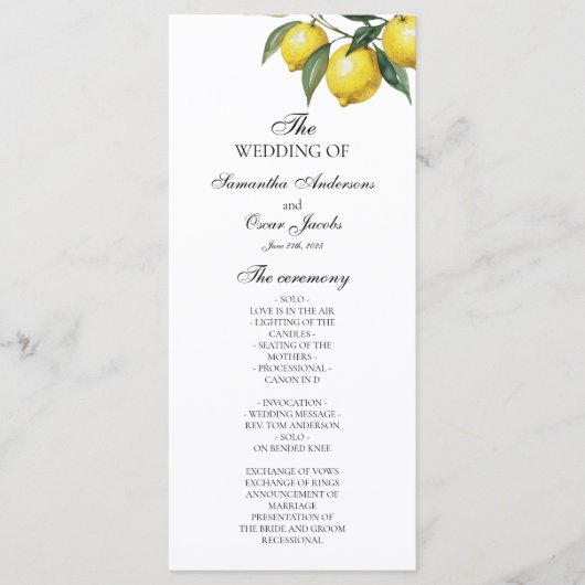 Watercolor Lemon Wedding Program | Mediterranean  メニュー (正面)