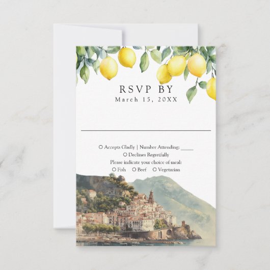 Watercolor Lemons Amalfi Coast Italy Wedding 出欠カード (正面)