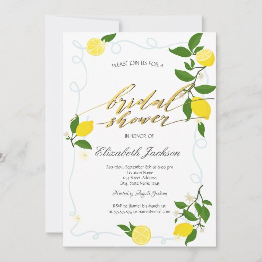 Watercolor Lemons Frame Bridal Shower 招待状 (正面)