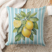 Watercolor Lemons on Blue Striped Background クッション (ブランケット)