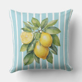 Watercolor Lemons on Blue Striped Background クッション (裏面)