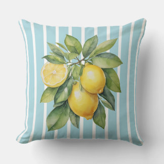 Watercolor Lemons on Blue Striped Background クッション