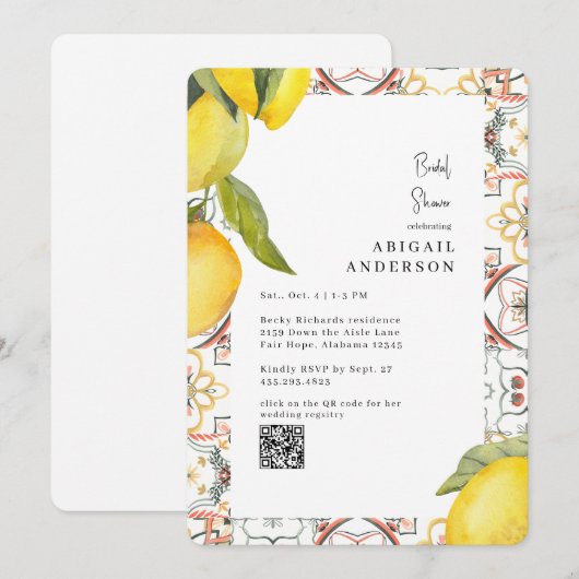 Watercolor Lemons Rounded Bridal Shower 招待状 (正面/裏面)