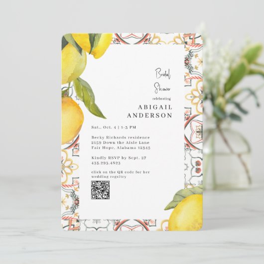 Watercolor Lemons Rounded Bridal Shower  招待状 (スタンド正面)