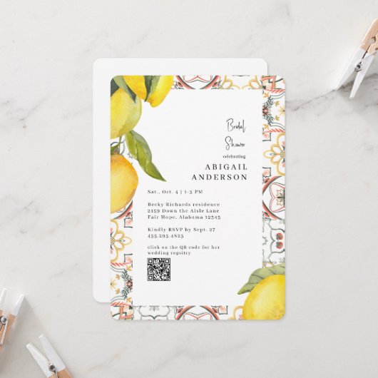 Watercolor Lemons Rounded Bridal Shower 招待状 (正面/裏面インサイチュ)