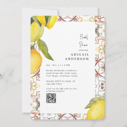 Watercolor Lemons Rounded Bridal Shower  招待状 (正面)