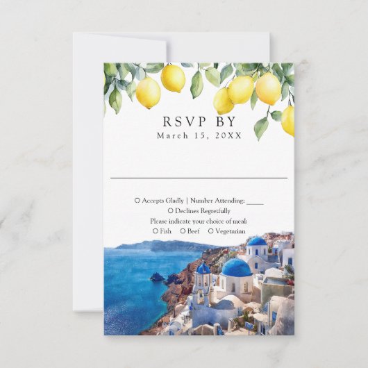 Watercolor Lemons Santorini Greek Wedding 出欠カード (正面)