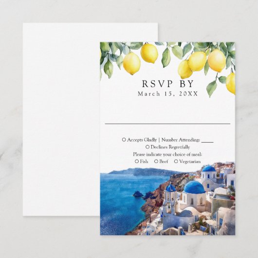 Watercolor Lemons Santorini Greek Wedding 出欠カード (正面/裏面)