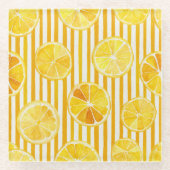 Watercolor Lemons & Stripes ガラスコースター (正面)