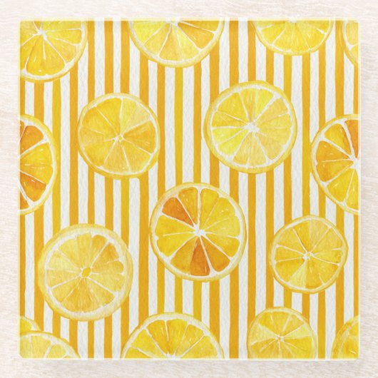 Watercolor Lemons & Stripes ガラスコースター (正面)