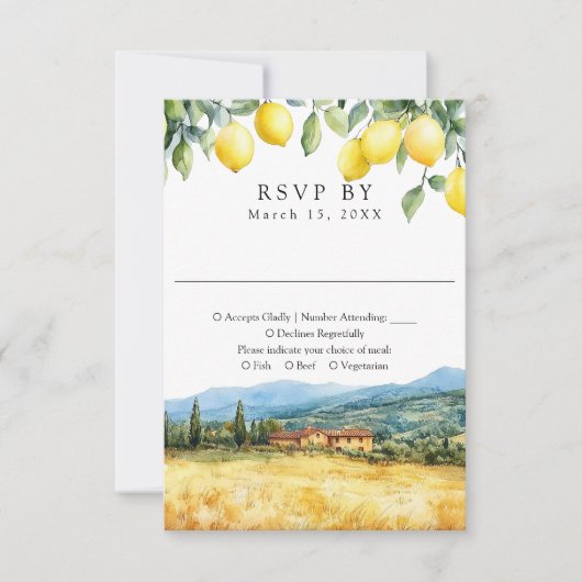 Watercolor Lemons Tuscan Scene Italian Wedding 出欠カード (正面)