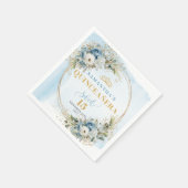Watercolor Light Blue Floral Gold 15th Birthday  スタンダードカクテルナプキン (角)
