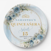 Watercolor Light Blue Floral Gold Glitter Party   ペーパープレート (正面)