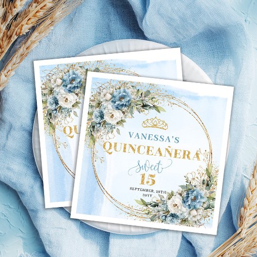 Watercolor Light Blue Flowers Quinceañera Napkins スタンダードカクテルナプキン