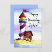 Watercolor Lighthouse Birthday Card サンキューカード (正面/裏面)