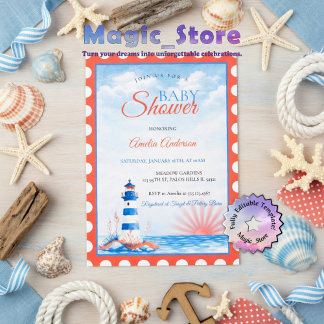 Watercolor Lighthouse Nautical Ocean Sunset Stamp 招待状