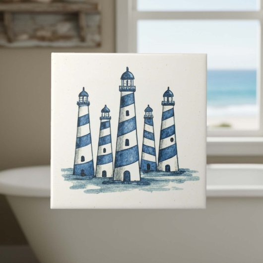 Watercolor Lighthouses Blue Ivory ID1202 タイル
