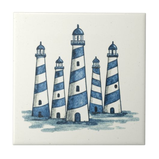 Watercolor Lighthouses Blue Ivory ID1202 タイル (正面)