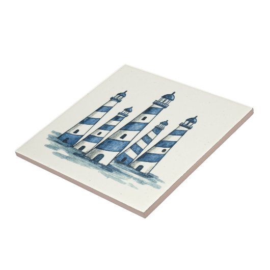 Watercolor Lighthouses Blue Ivory ID1202 タイル (側面)