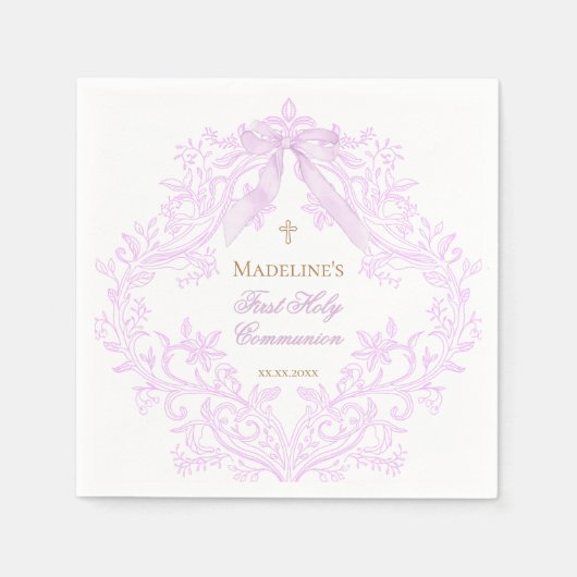 watercolor lilac crest First Holy Communion スタンダードカクテルナプキン (正面)